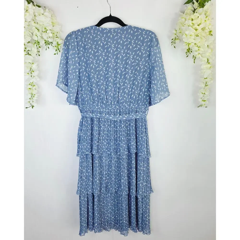 Entro Midi Tiered Dress Large Blue White Feather Pleated Flutter Sleeve Cottage - Picture 3 of 15